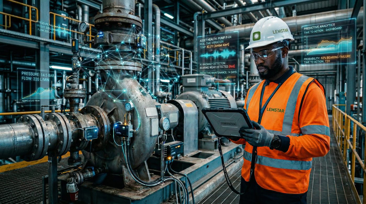 Lemstar engineer using AI predictive maintenance technology on industrial pump